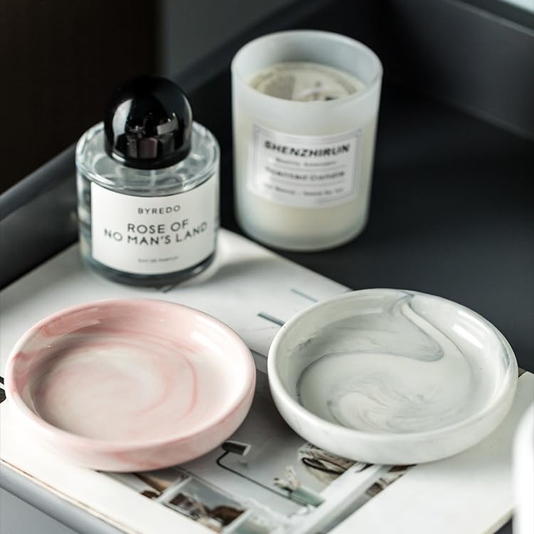 Grey Round Marble Soap Tray - Small Ceramic Dish for Jewelry & Keys