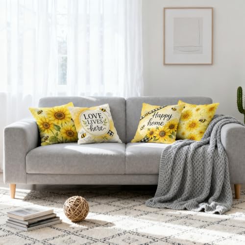 Sunflower Pillow Covers 18x18 inch Set of 4 - Yellow Floral Sofa Decor