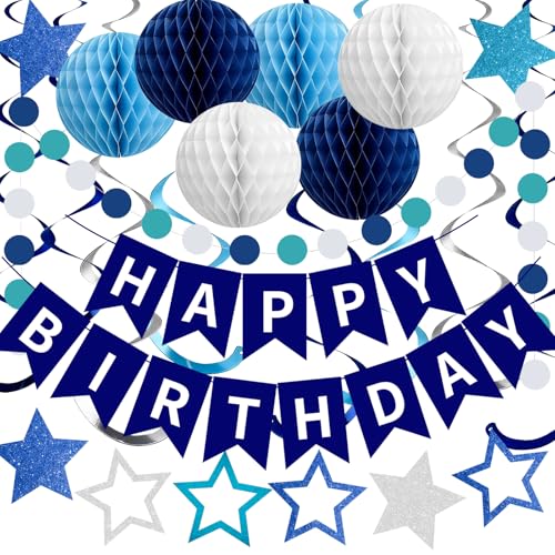 Blue and White Happy Birthday Decoration Set with Glitter Party Supplies