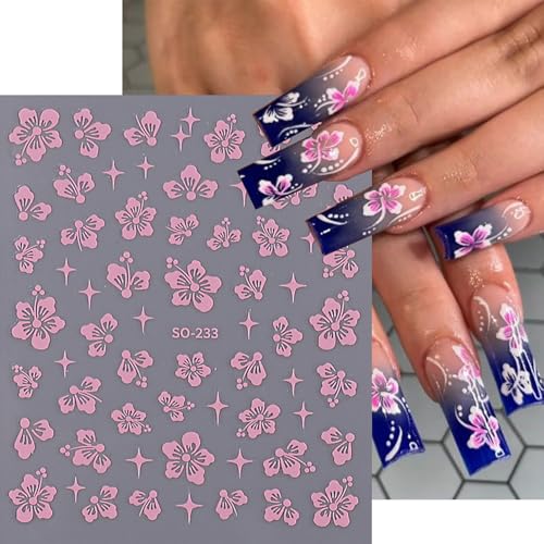 3D Hibiscus Flower Nail Art Stickers - 6 Sheets Self-Adhesive Floral Decals