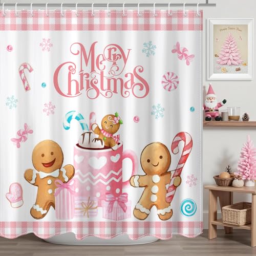 Christmas Shower Curtain Pink Checked Gingerbread Man 72x72 Inch with Hooks