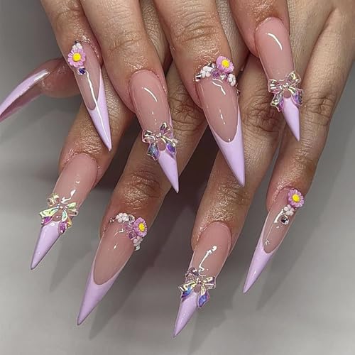 Long Stiletto Press on Nails 3D Bow Flower French Tip Fake Nails