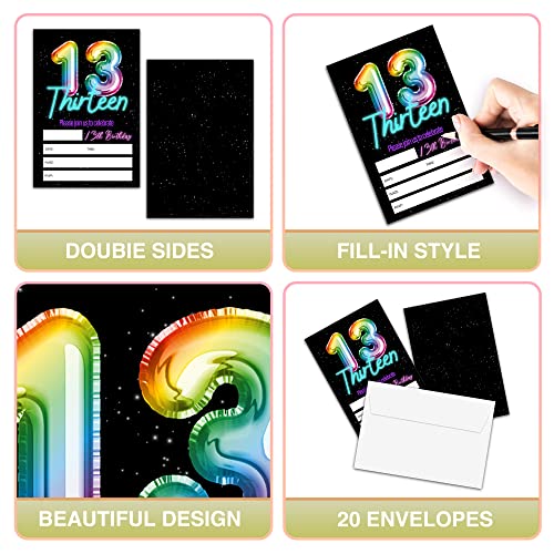 13th Birthday Invitations with Envelopes Neon Glow Party Cards 20 Pack