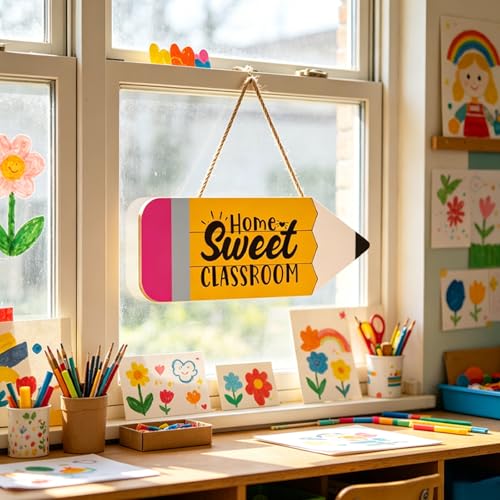 Clothmile Pencil-Shaped Wooden Door Sign - Home Sweet Classroom Decor, 13.8x5.1 Inch, Back to School Wall Hanger, Classroom & Porch Door Decor (Variation: Pencil)