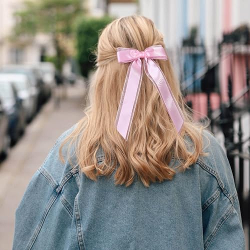 VOBOBE 2PCS Pink Hair Bows with Long Tails Satin Silk Ribbon Hair Clips for Women and Girls