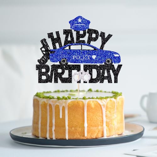 Black Glitter Police Car & Officer Cake Topper - Kids Birthday Party