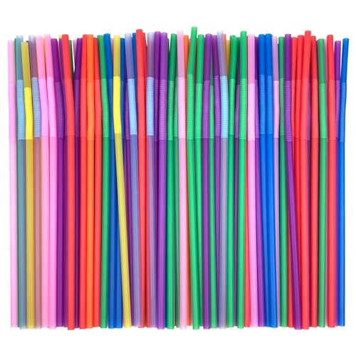 100 Pack Colorful Flexible Plastic Drinking Straws - 10.4 Inch Long, Wide Diameter