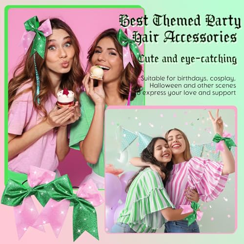 Landical 7 Inch Glitter Witch Hair Bows Pink and Green Ponytail Holder