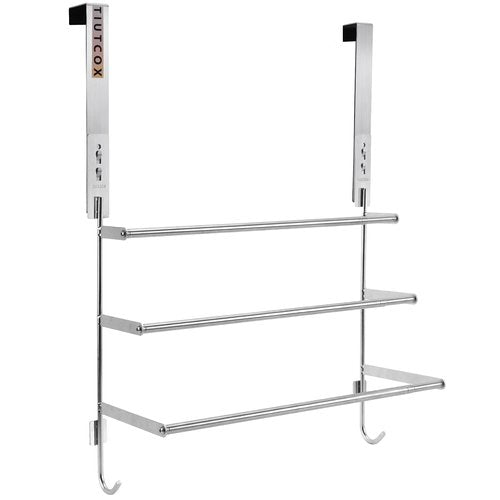 TIUTCOX Over The Door Towel Rack, 304 Stainless Steel Towel Racks for Bathroom with 3-Tier Adjustable Pole, 2 Punch-Free Screw Stickers, 22.83 * 17.71-29.52 * 6.14 Inch, Silver
