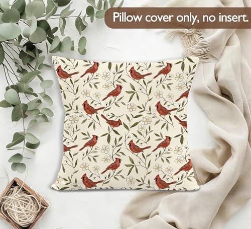 Vintage Cardinal Bird Floral Throw Pillow Cover 18x18 - Bird-2