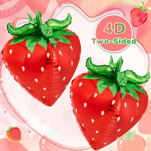 PullCrease 4D Strawberry Foil Balloons, 29-Inch Fruit Party Decor, 6 Pack