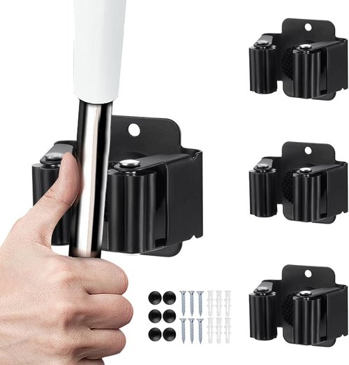 JAMEND Heavy Duty Broom and Mop Holder - Wall Mounted Organizer Rack for Garden Tools | Matte Black Finish