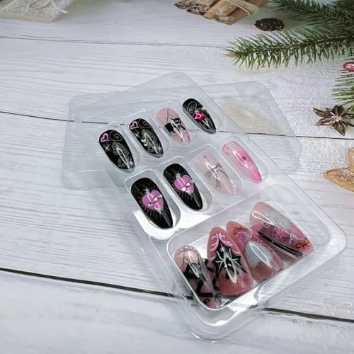Halloween Press on Nails Medium Almond Gothic Black Bat Fake Nails 24pcs