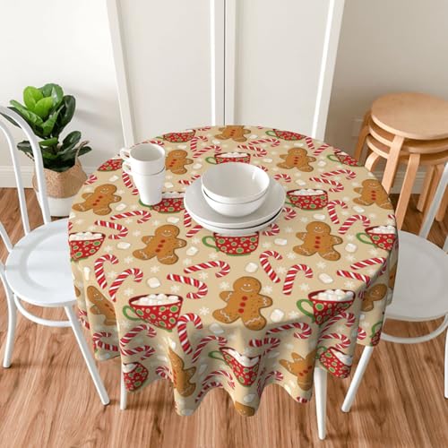 Round Christmas Tablecloth 70x70 Inch Brown Gingerbread Man - Holiday Decor