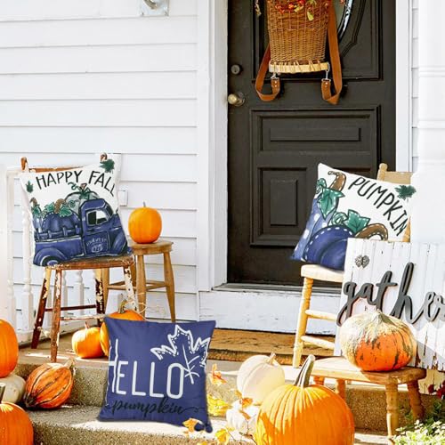 Fall Set of 4 18x18 Inch Decorative Pillow Covers with Pumpkins Leaves Polka Dots