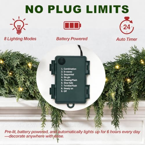 9FT Christmas Cedar Garland - Pre-Lit & Realistic Greenery with 8 Lighting Modes - Cascade Cedar Style, 2 Pack