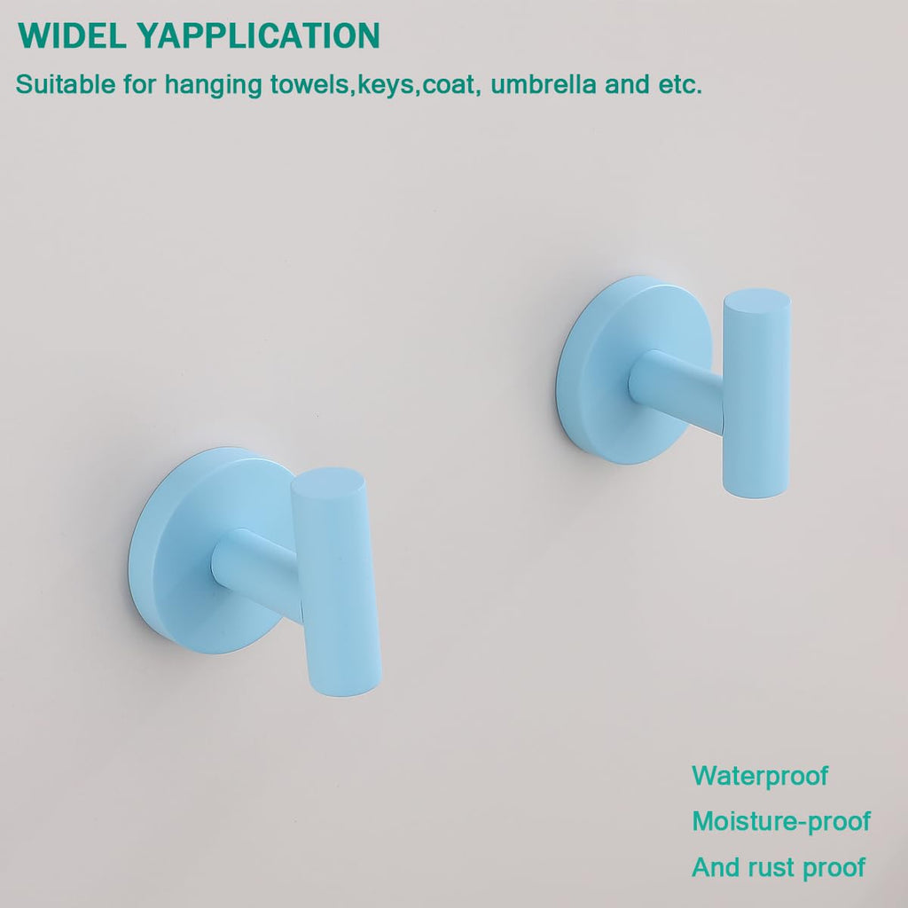 SEABEFORE Towel Hooks for Bathrooms,Clear Sky Blue Wall Mount Hooks SUS 304 Stainless Steel Coat Hook Robe Hook Towel Hook 2 Count for Kitchen,Bedroom (Drilling),SE96006-8CKB