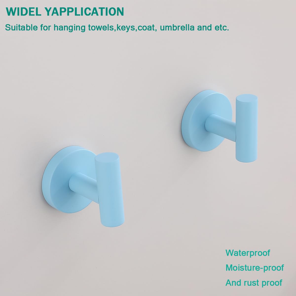 SEABEFORE Towel Hooks for Bathrooms,Clear Sky Blue Wall Mount Hooks SUS 304 Stainless Steel Coat Hook Robe Hook Towel Hook 2 Count for Kitchen,Bedroom (Drilling),SE96006-8CKB