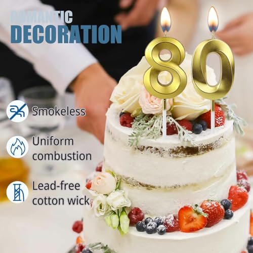 80th Birthday Gold Number Candle 3D Cake Topper for Party Anniversary