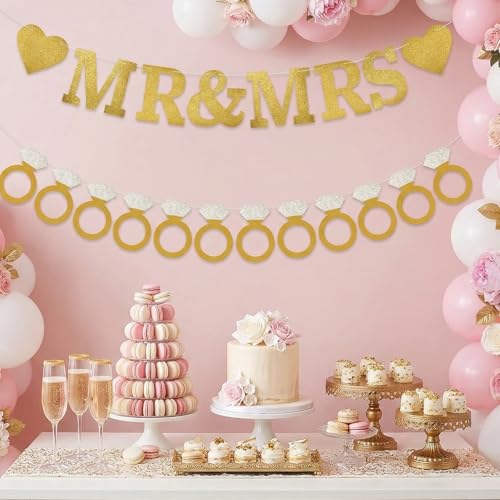 Gold Glitter MR & MRS Ring Banner Set for Weddings & Bridal Showers