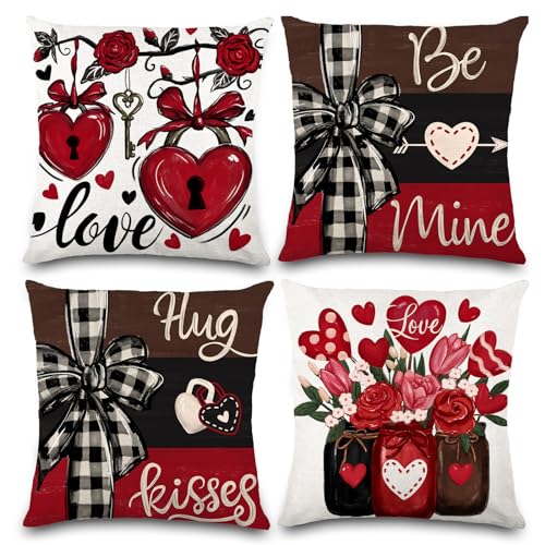 Valentine's Day Throw Pillow Covers 18x18, Buffalo Plaid Set of 4