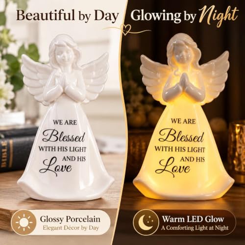 White Lighted Porcelain Angel Figurine with Inspirational Faith Message - Christian Home Decor