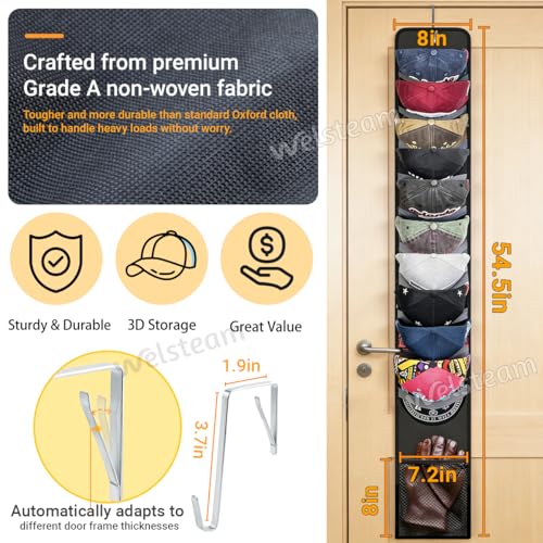 Welsteam Hat Organizer Rack for Baseball Caps, Over-the-Door Holder - Black 1 Row