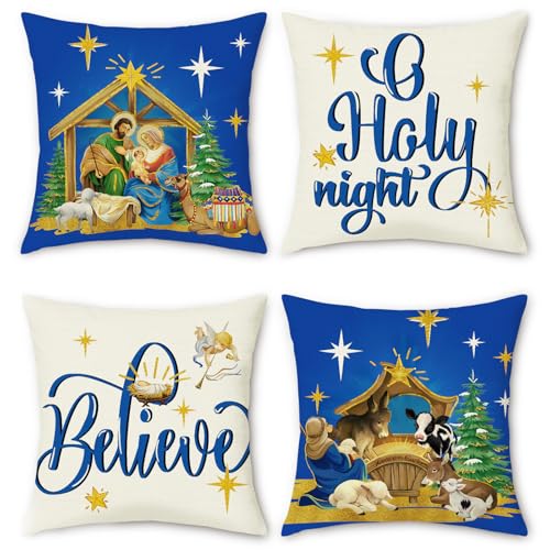 Bonhause Blue Christmas Throw Pillow Covers 18x18 Inch Nativity Scene Holiday Decor - Blue-1