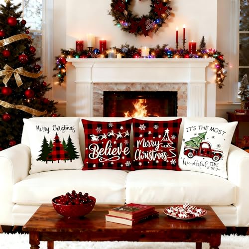 Red-Black Christmas Pillow Covers, 18x18 Inch Linen Throw Pillowcase - Set of 4