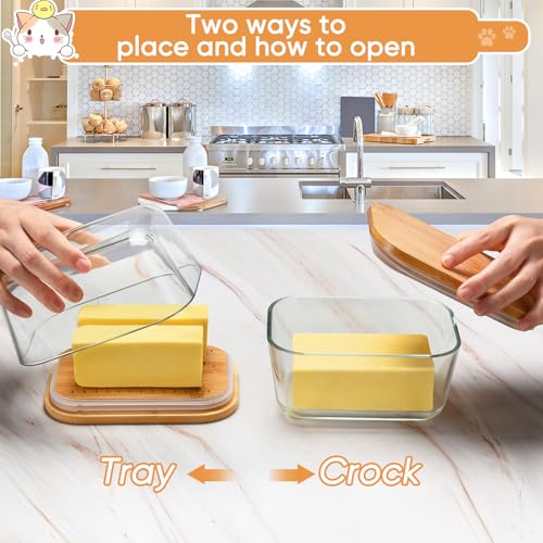 Hekeieon Glass Butter Dish with Bamboo Lid - Keeps Butter Fresh