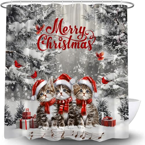 Christmas Cat Shower Curtain 70x70 Inches Snowflake Scene Pine Tree Holiday Fabric Bathroom Decor with Hooks
