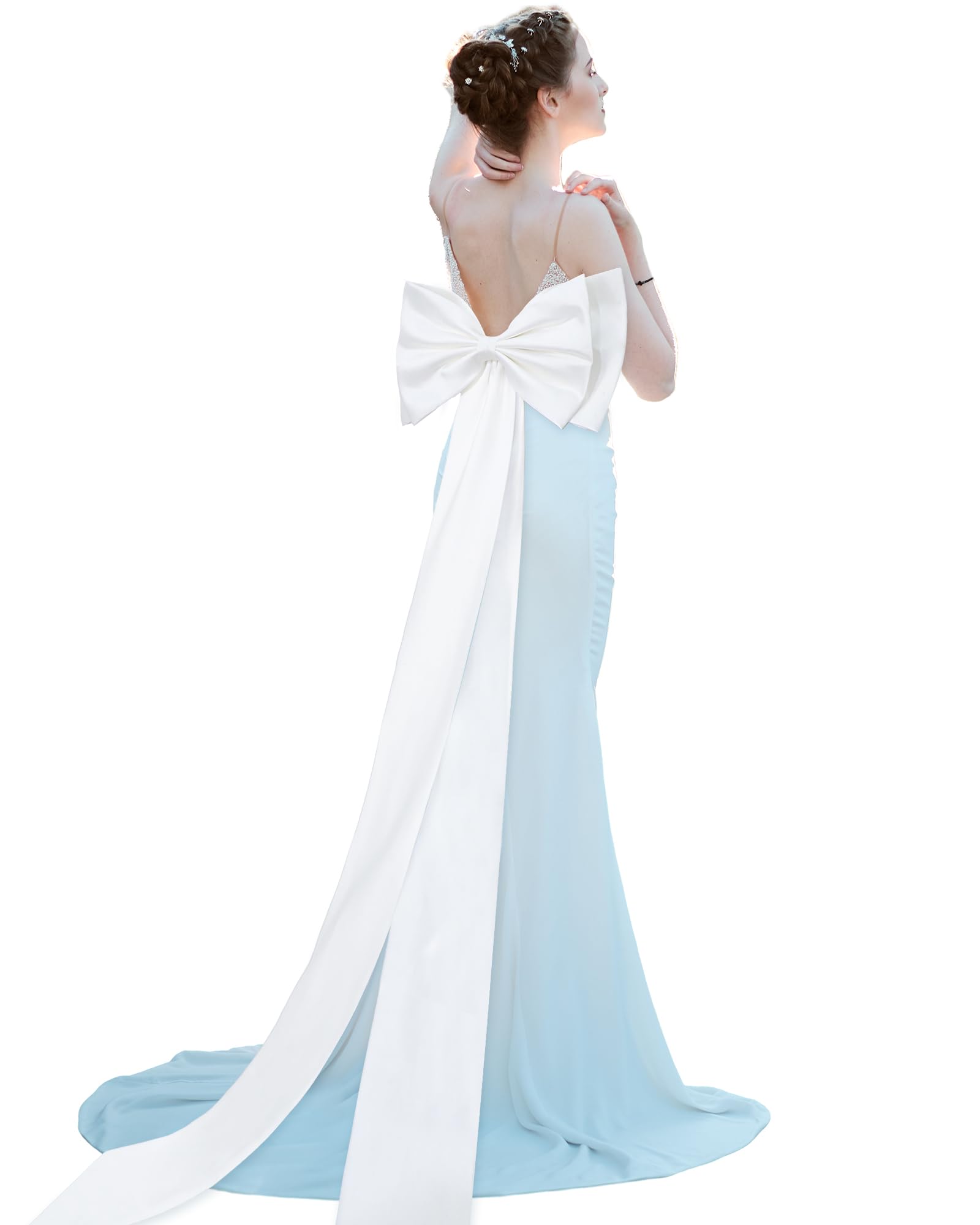 Chuarry Extra Long 67" Satin Bow for Christmas Tree, Detachable Train Removable Sweep Train Waist Sash Belt for Dress(White,Satin Style)
