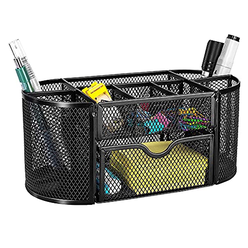 Amazon Basics Mesh Desk Organizer with Pen Holder & Drawer, Black