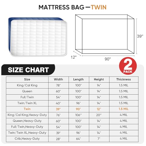 PROWEE Twin Mattress Bags for Moving & Storage - 2 Pack, 1.5 Mil Waterproof