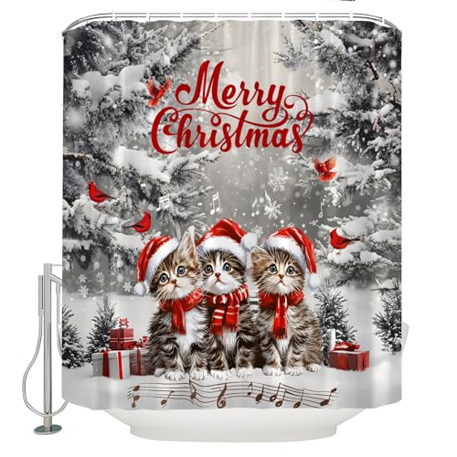 Christmas Cat Shower Curtain 70x70 Inches Snowflake Scene Pine Tree Holiday Fabric Bathroom Decor with Hooks