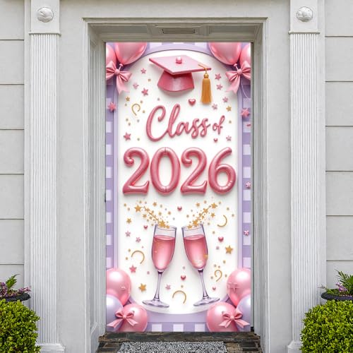 Class of 2026 Graduation Door Cover Banner - Pink Grad Cap & Champagne