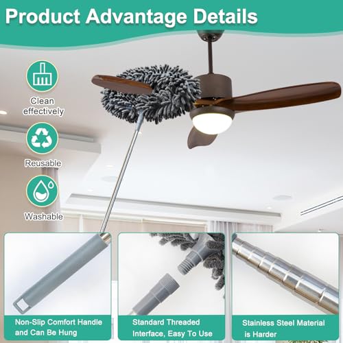 Ceiling Fan & Cobweb Duster Set with Telescopic Pole – Microfiber Reusable Dusting Kit