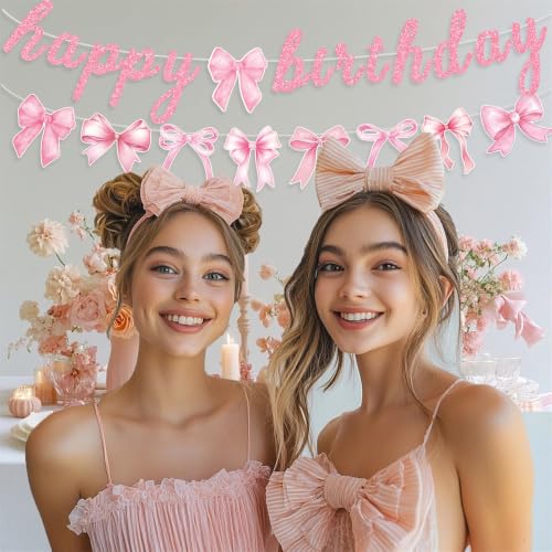 Pink Bow Birthday Banner and Garland Set for Girl Party Decorations
