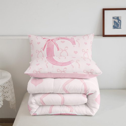 Erosebridal Initial Alphabet C Bedding Set Full Size for Kids Girls Pink Letter Comforter Set Aesthetic Coquette Bowknot Comforter Geometric Butterfly Knot Room Decor Warm Cute Love Heart Duvet Quilt