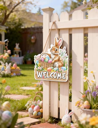 Easter Bunny Welcome Wooden Door Sign - Rustic Spring Decor