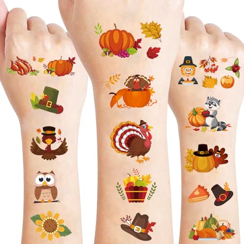 Felico Thanksgiving Temporary Tattoos - 200 Pcs Autumn Harvest Fake Tattoos for Kids Party Favors and Goody Bag Fillers
