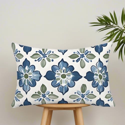 Tile Floral Lumbar Pillow Cover 12x20 Inch - Blue & Green Design