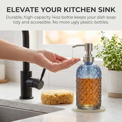 Blue Glass Soap Dispenser with Coaster - 14 Oz Rust-Proof Pump