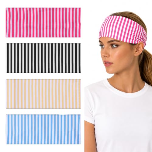 Zelphvt Striped Headbands 4-Pack - Wide Non-Slip Stretchy Yoga Workout Hair Bands