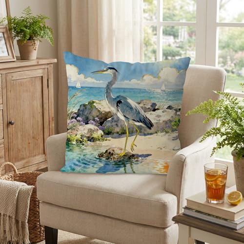 GAGEC 18x18 Inch Blue Heron Pillow Cover for Summer Decor
