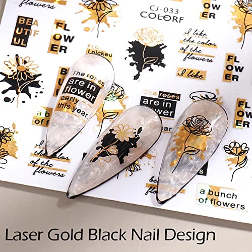 9 Sheets Laser Gold Nail Art Stickers 3D Floral Rose Leaf Decals