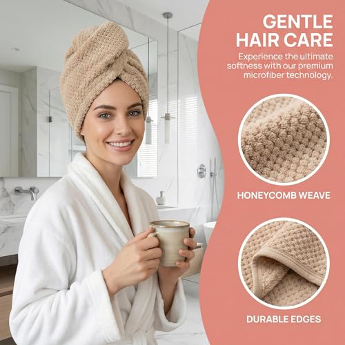 Microfiber Hair Towel Wrap for Wet Hair - Super Absorbent Turban (Beige)