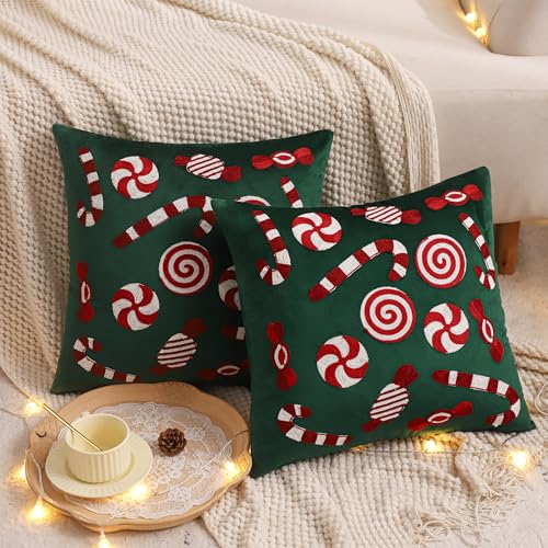 Christmas Throw Pillow Cover 18x18 Set of 2 Dark Green Candy Cane - Holiday Decor