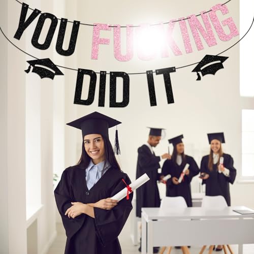 2026 Graduation Party Banner - Pink Glitter 'You Did It' Decor