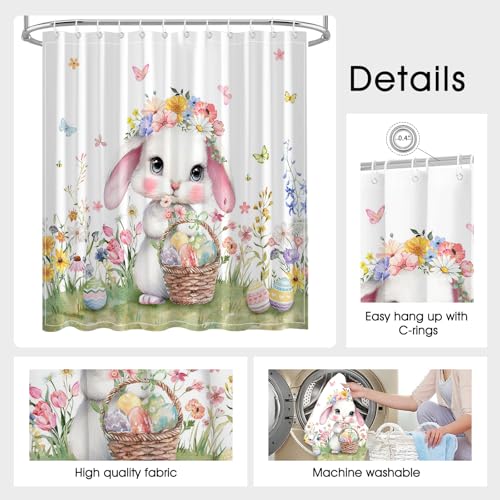 Mocsicka Easter Shower Curtain 71x71 Inch Bunny Eggs Bathroom Decor with 12 Hooks